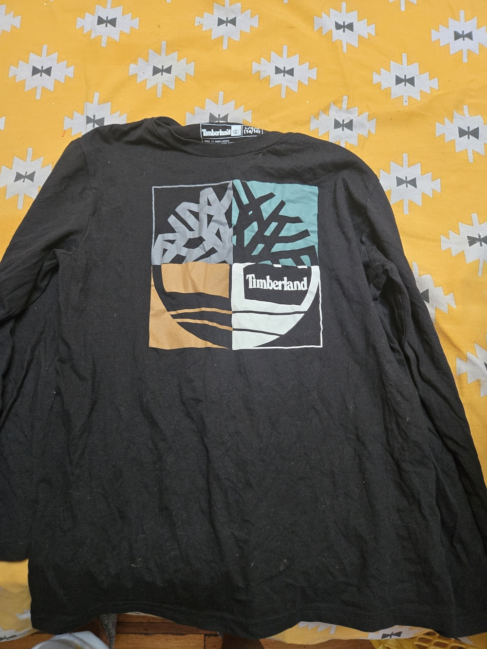 Timberland Black Long Sleeve Tee with Teal & Tan Graphic